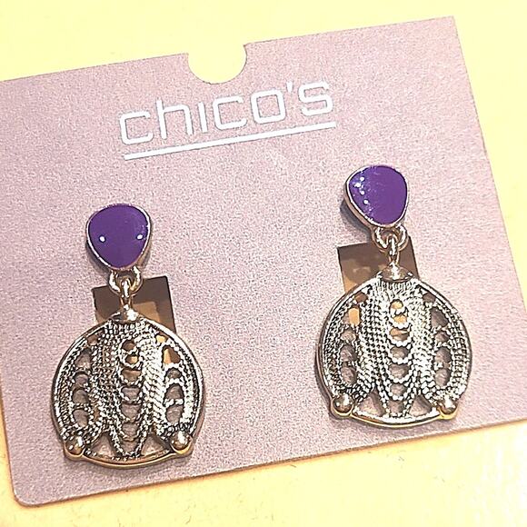 CHICO'S Gold Violet Purple Round Filigree Dangle Drop Post Earrings ~ NEW - Picture 1 of 5